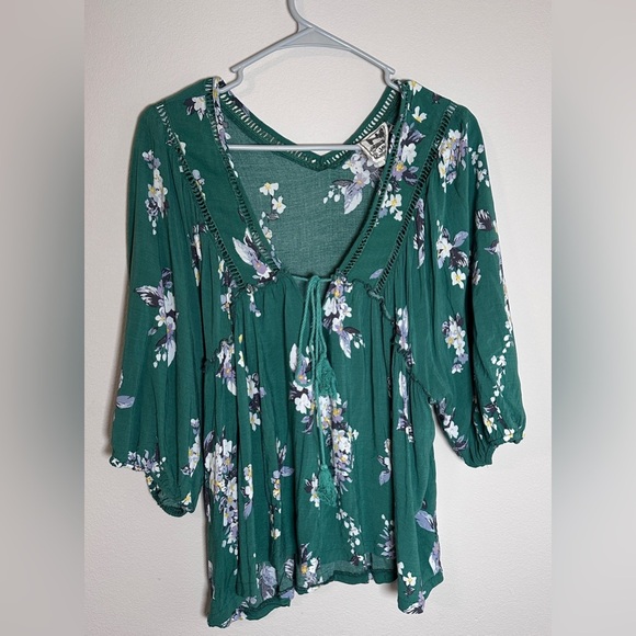 🌟 Jaase green floral bohemian peasant blouse with bow women’s top size small - Picture 1 of 7